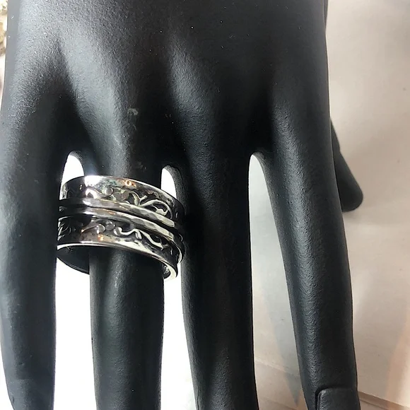 DIDAE Ornate Sterling Silver Wide Band Israeli Spinner Ring Sz. 8, 8-1/4, 10-1/4